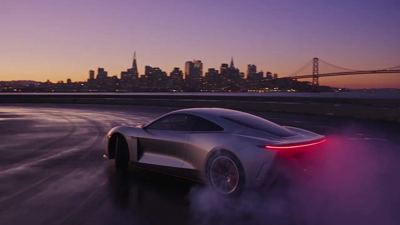 Silver sports car drifting on a waterfront circuit at violet dusk
