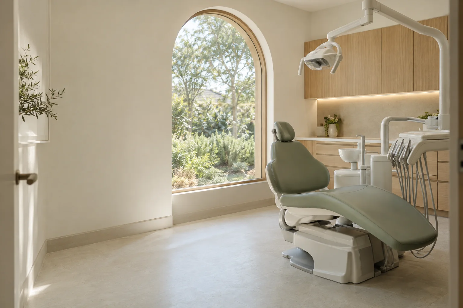 An imagined dental treatment room with a sage chair, natural light and warm timber