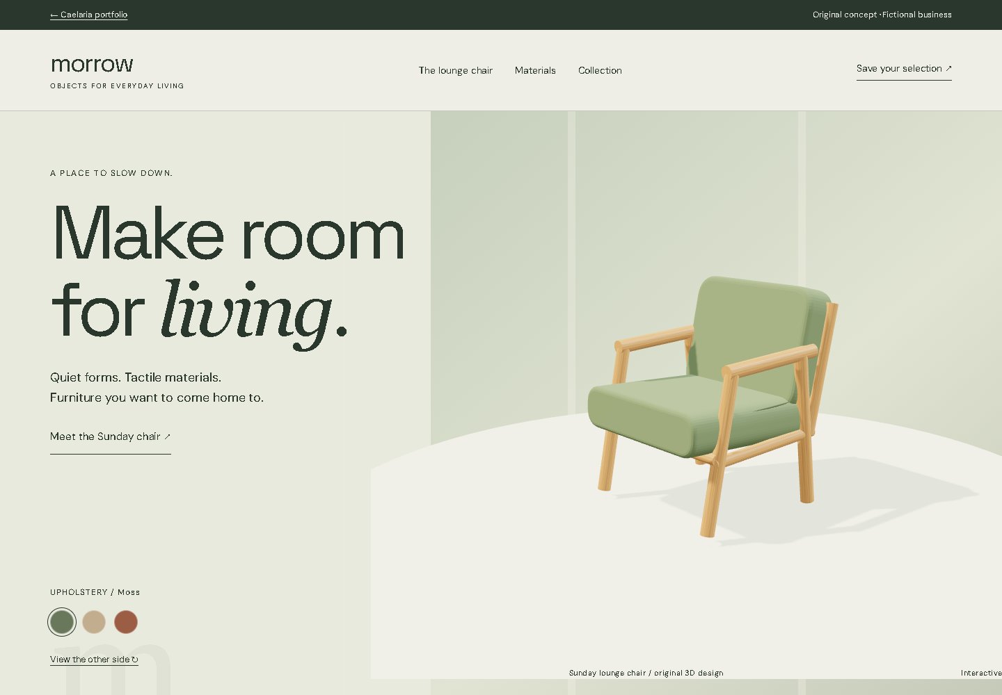 Morrow furniture concept with a sage lounge chair and upholstery selector